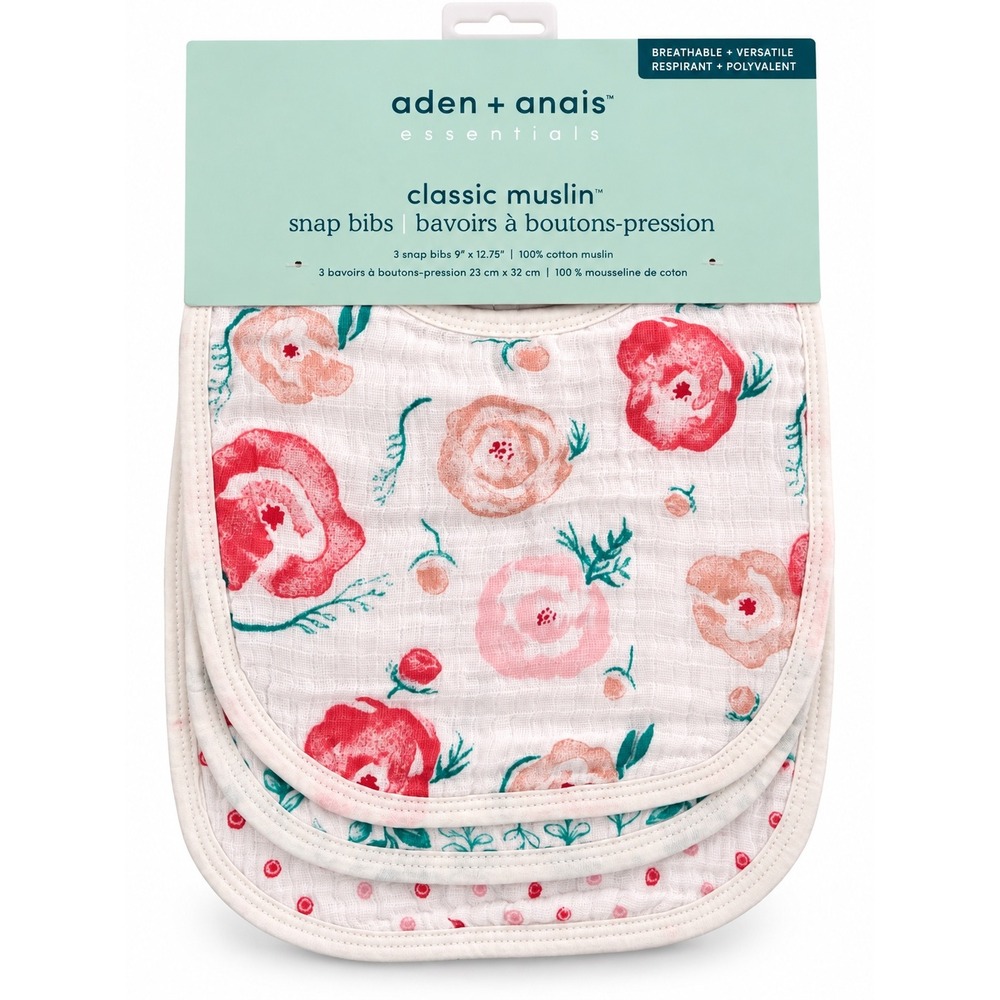Aden + Anais Essentials Classic Muslin Snap Bibs 3-Pack Floral Pink White NWT